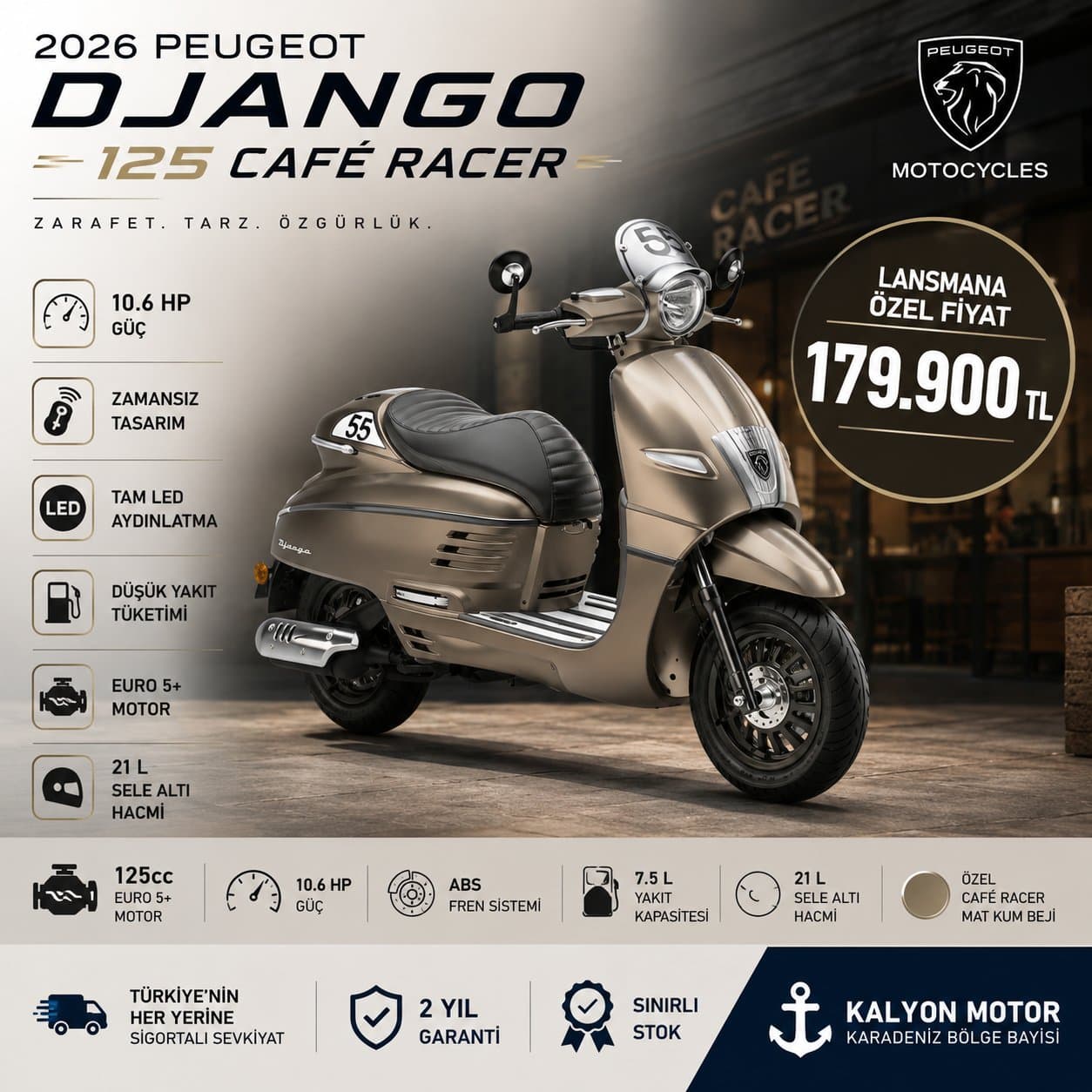 KALYON MOTOR'DAN 2026 PEUGEOT DJANGO 125 CAFE RACER - 1